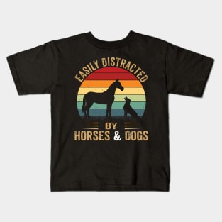 Easily Distracted By Horse And Dogs Funny Horse Riding Girls Kids T-Shirt